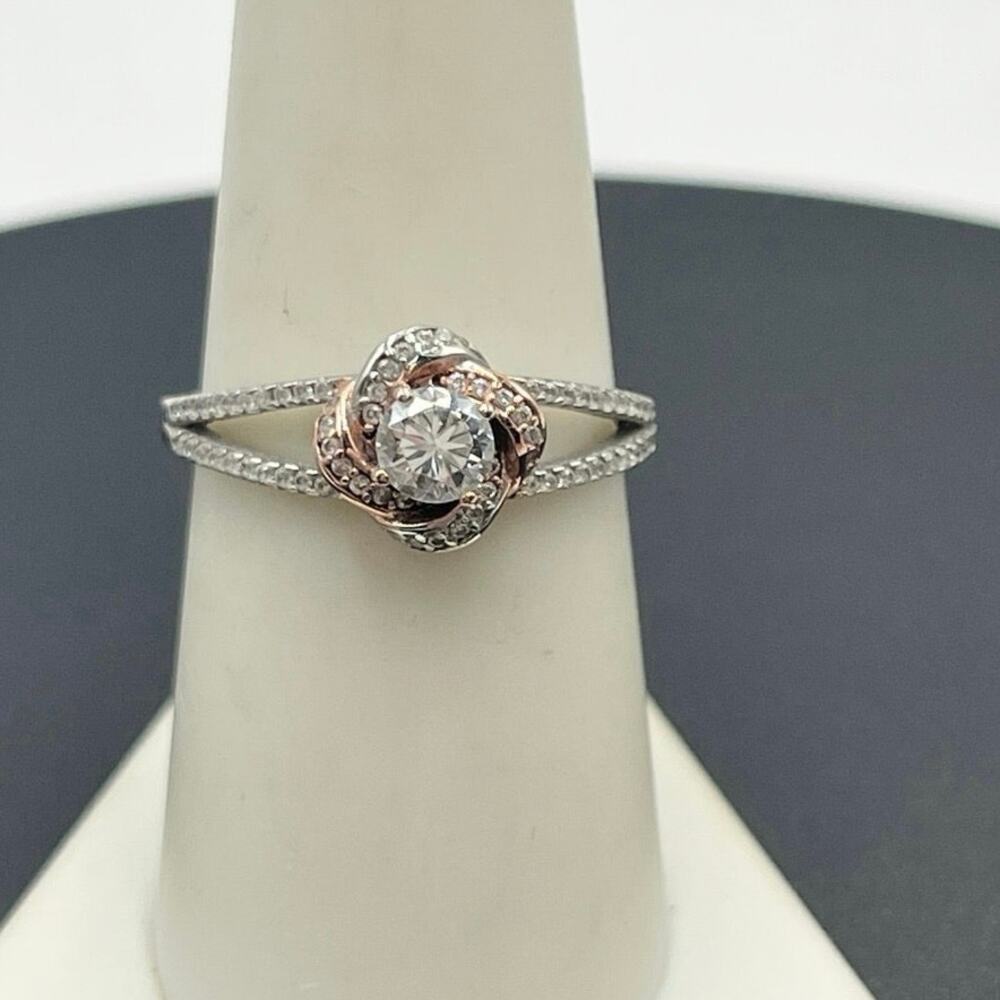 IBB CN 925 Rose Gold Vermeil CZ Two Tone Floral Love Knot Ring‎ Sz 8